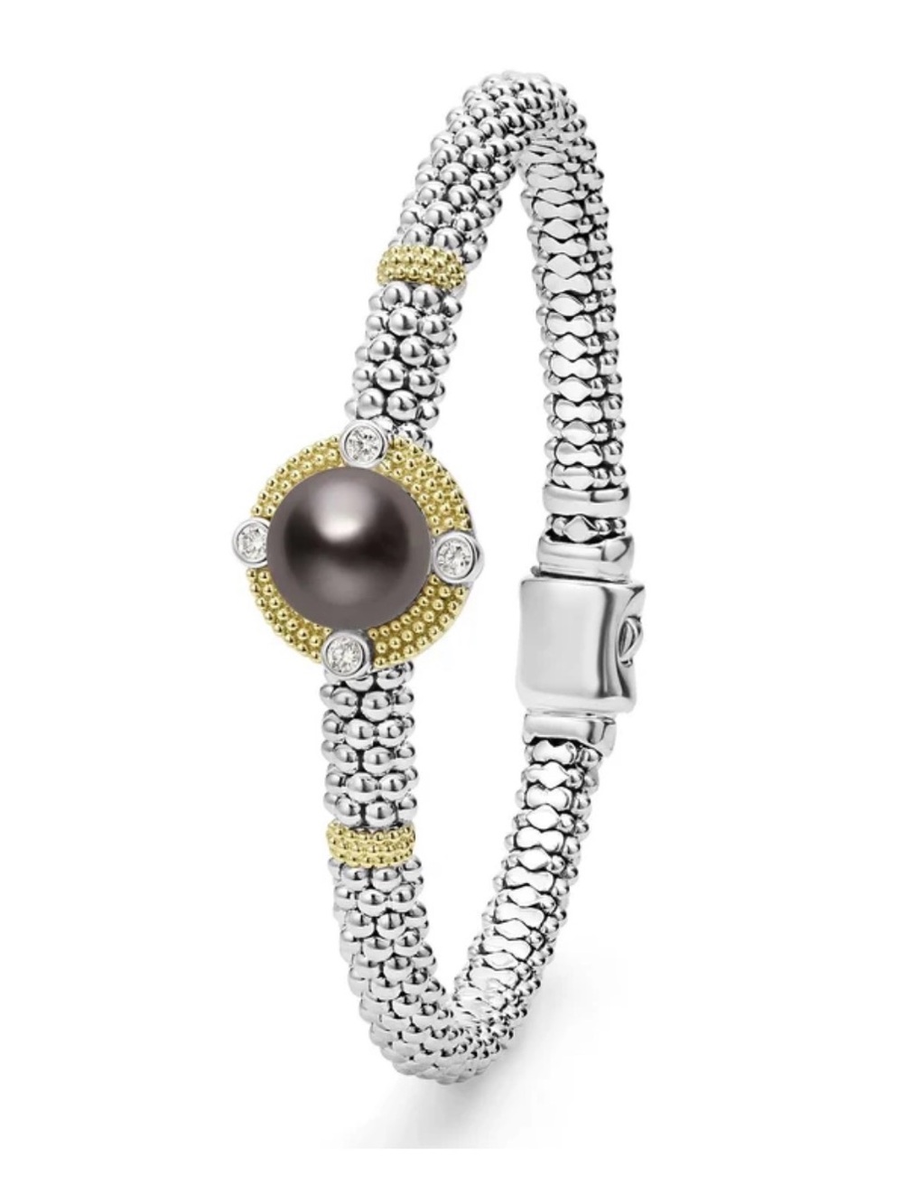 Lagos Luna 18kGold Silver Two-Tone Tahitian Black Pearl Diamond Caviar Bracelet